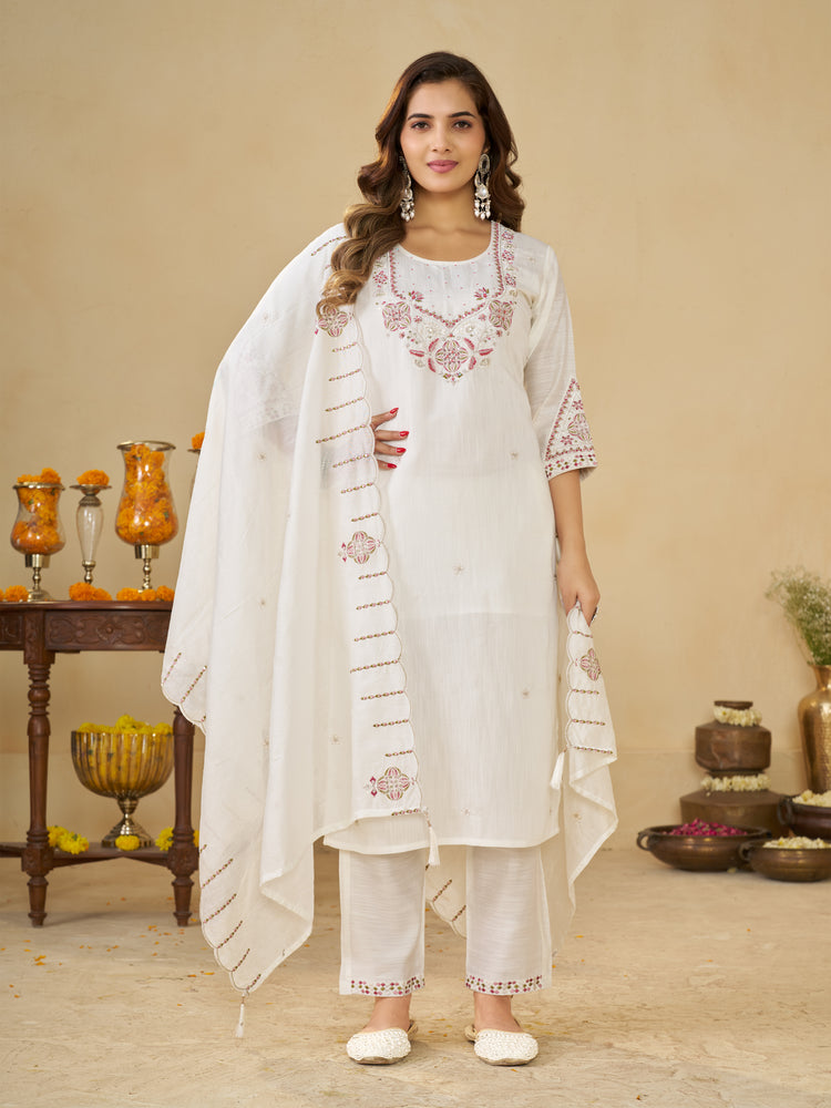White Marina Silk Embroidered Kurta Set