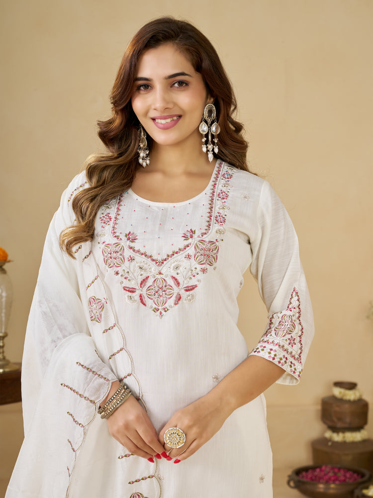 White Marina Silk Embroidered Kurta Set, photo 2