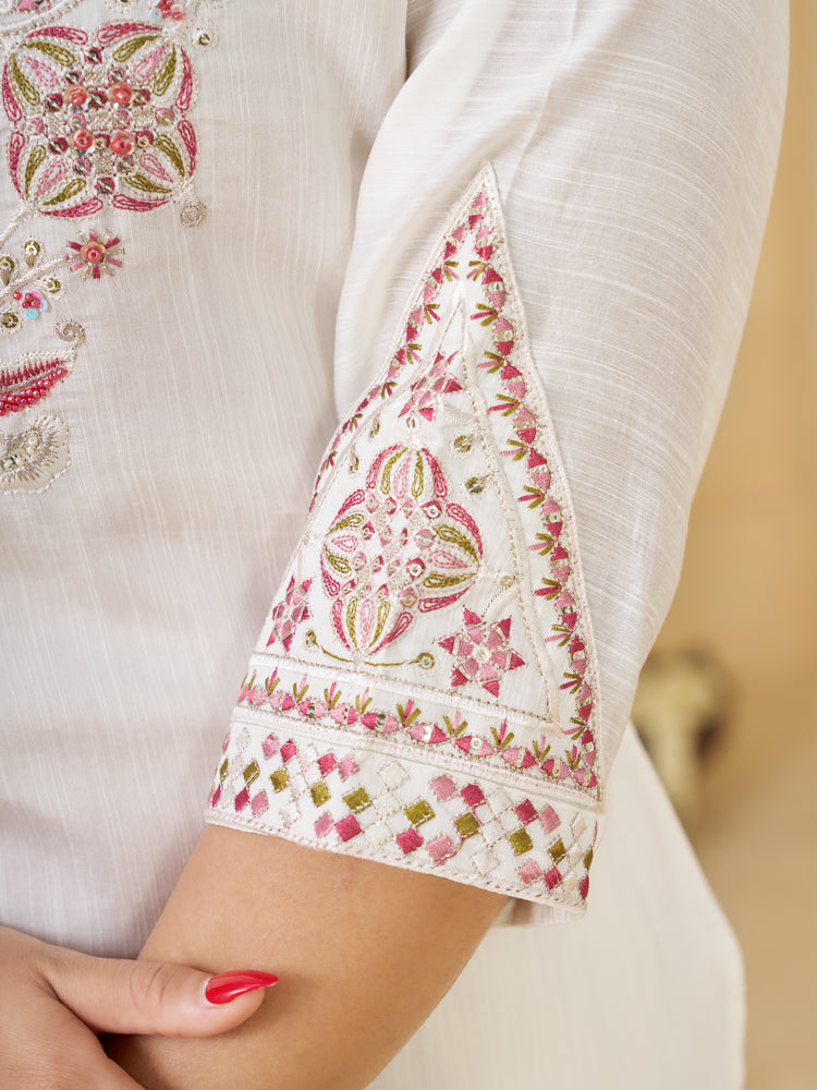 White Marina Silk Embroidered Kurta Set, photo 4