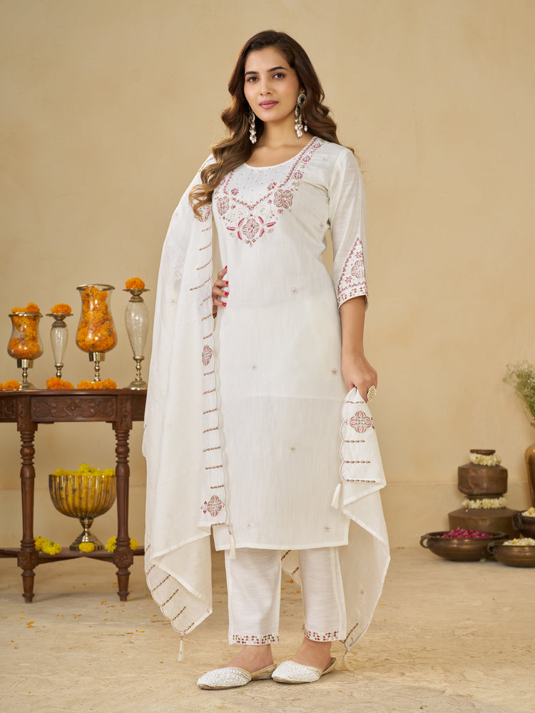 White Marina Silk Embroidered Kurta Set, photo 5