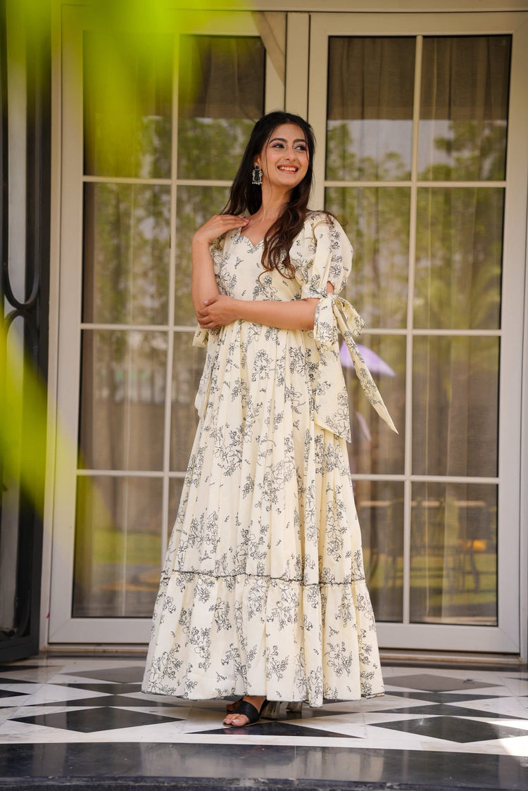 Cream Sweetheart Printed A-Line Gown