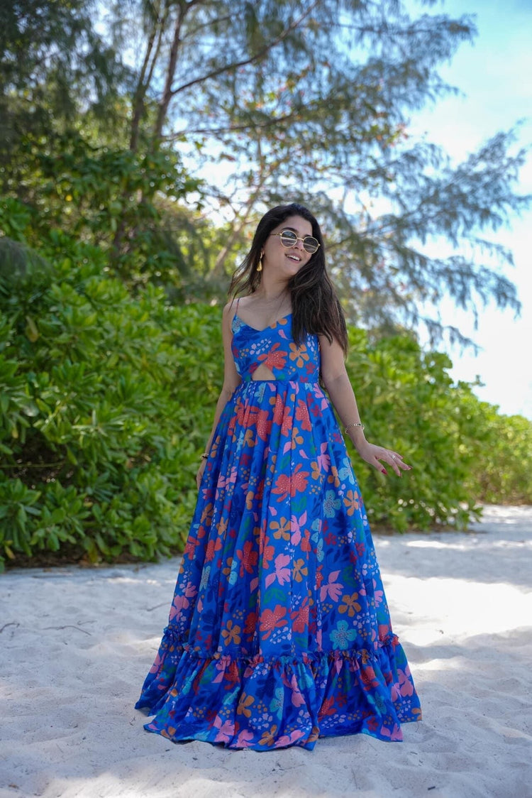 Royal Blue Shoulder-Strap Printed Dress