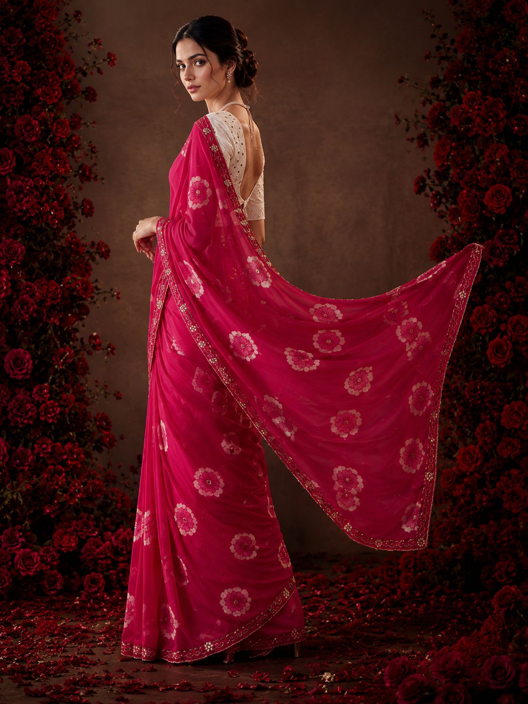 Pink Floral Printed Chiffon Saree