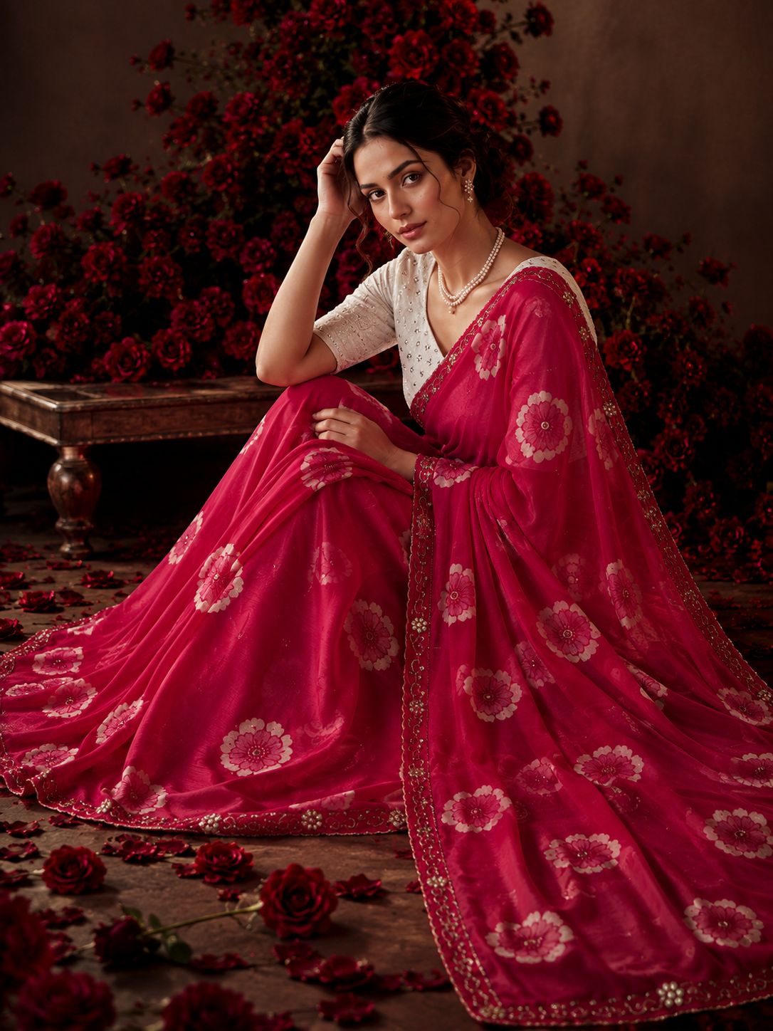 Pink Floral Printed Chiffon Saree