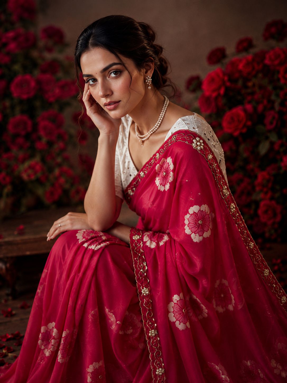 Pink Floral Printed Chiffon Saree