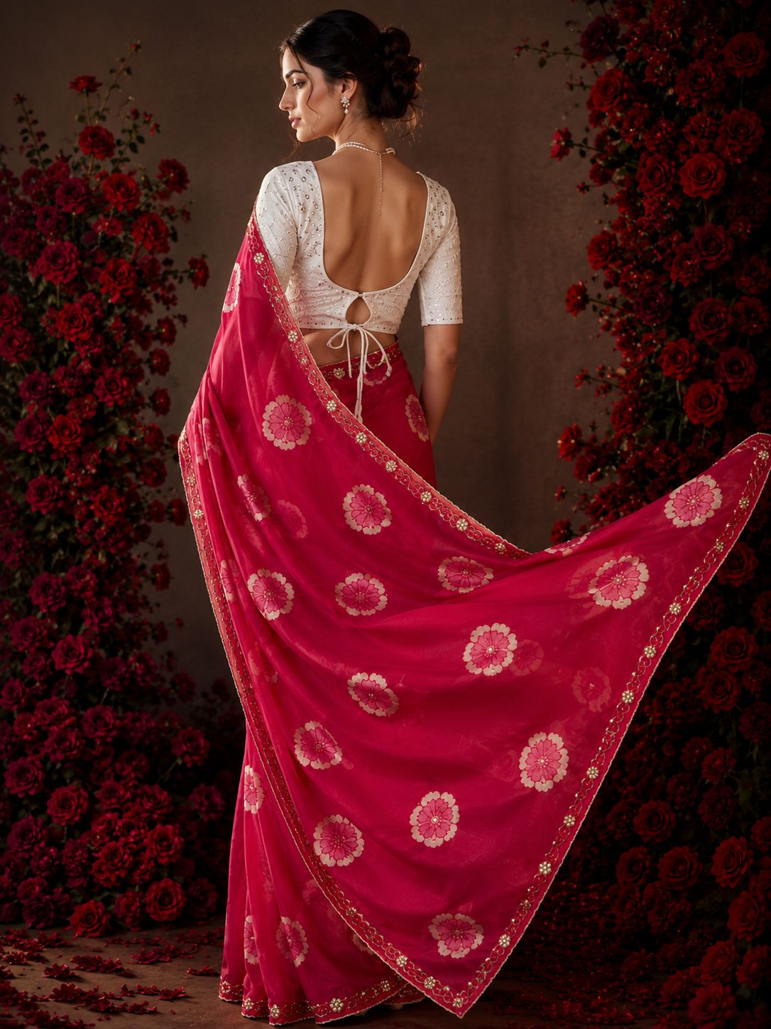 Pink Floral Printed Chiffon Saree
