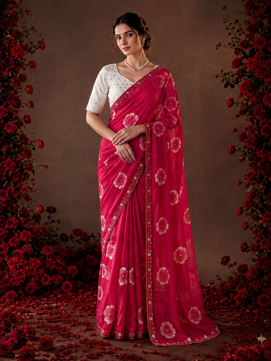 Pink Floral Printed Chiffon Saree