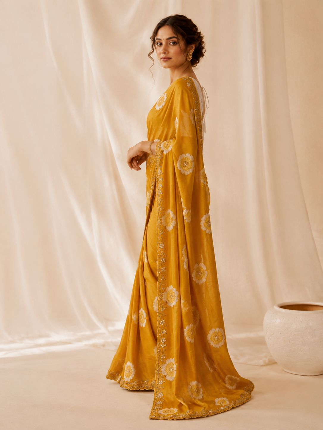 Mustard Floral Printed Chiffon Saree