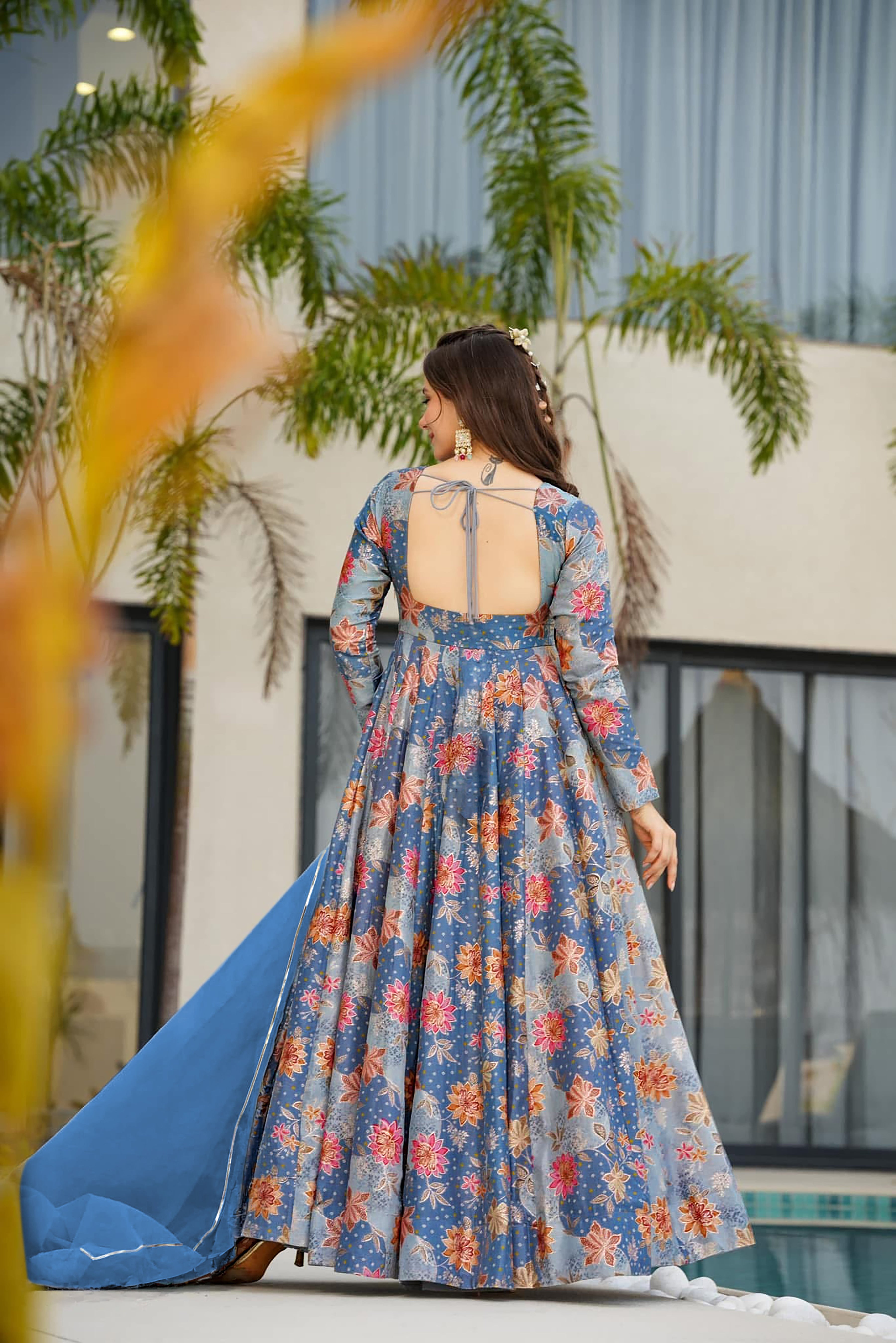 Women's blue Floral Printed Anarkali Gown Organza Dupatta | Festive Wear
