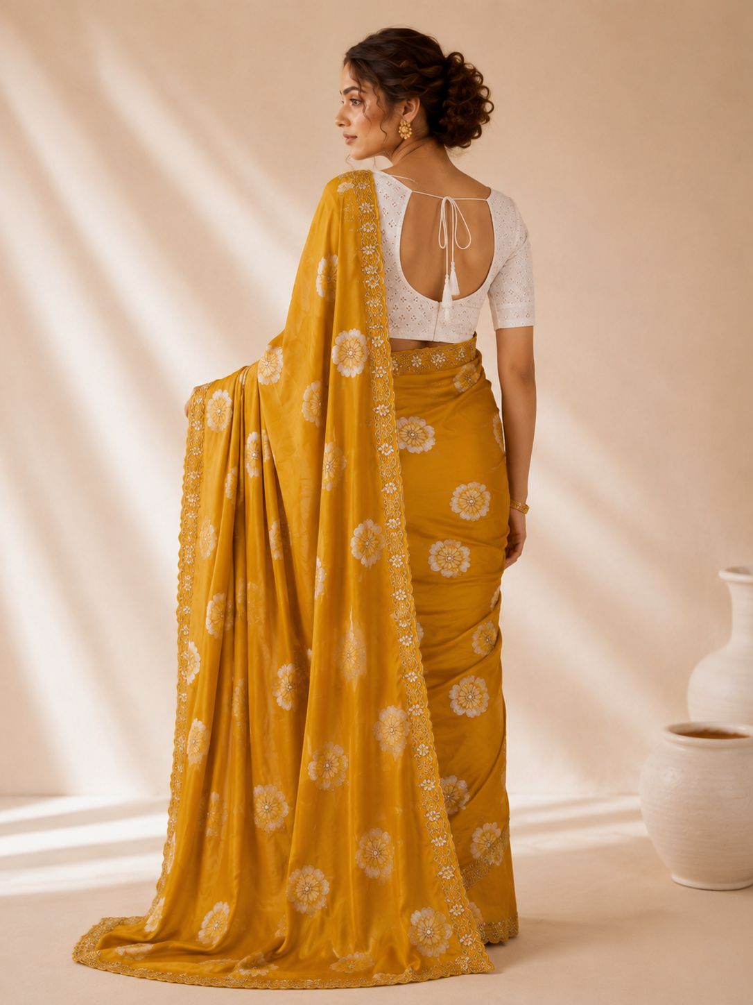 Mustard Floral Printed Chiffon Saree