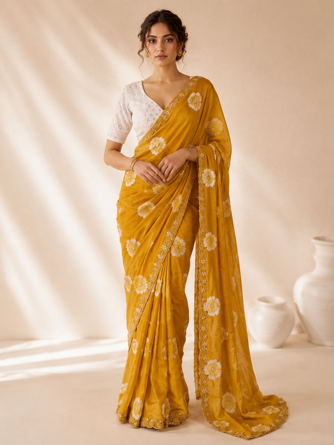 Mustard Floral Printed Chiffon Saree