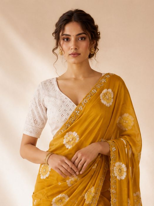 Mustard Floral Printed Chiffon Saree