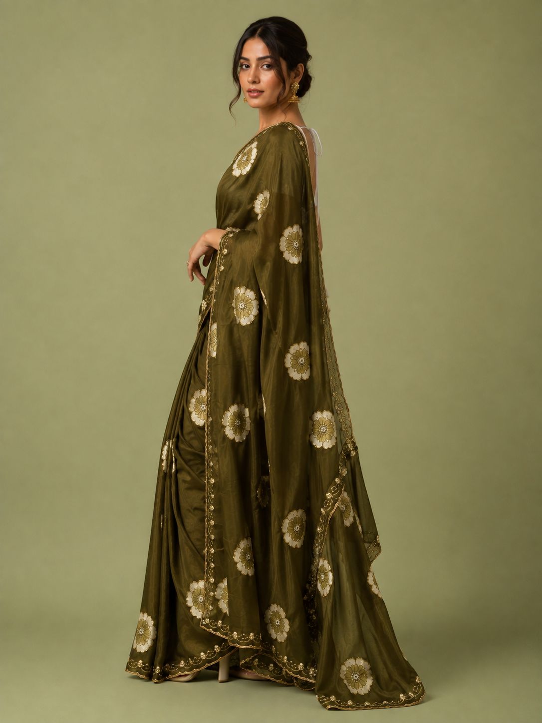 Mahendi Floral Printed Chiffon Saree