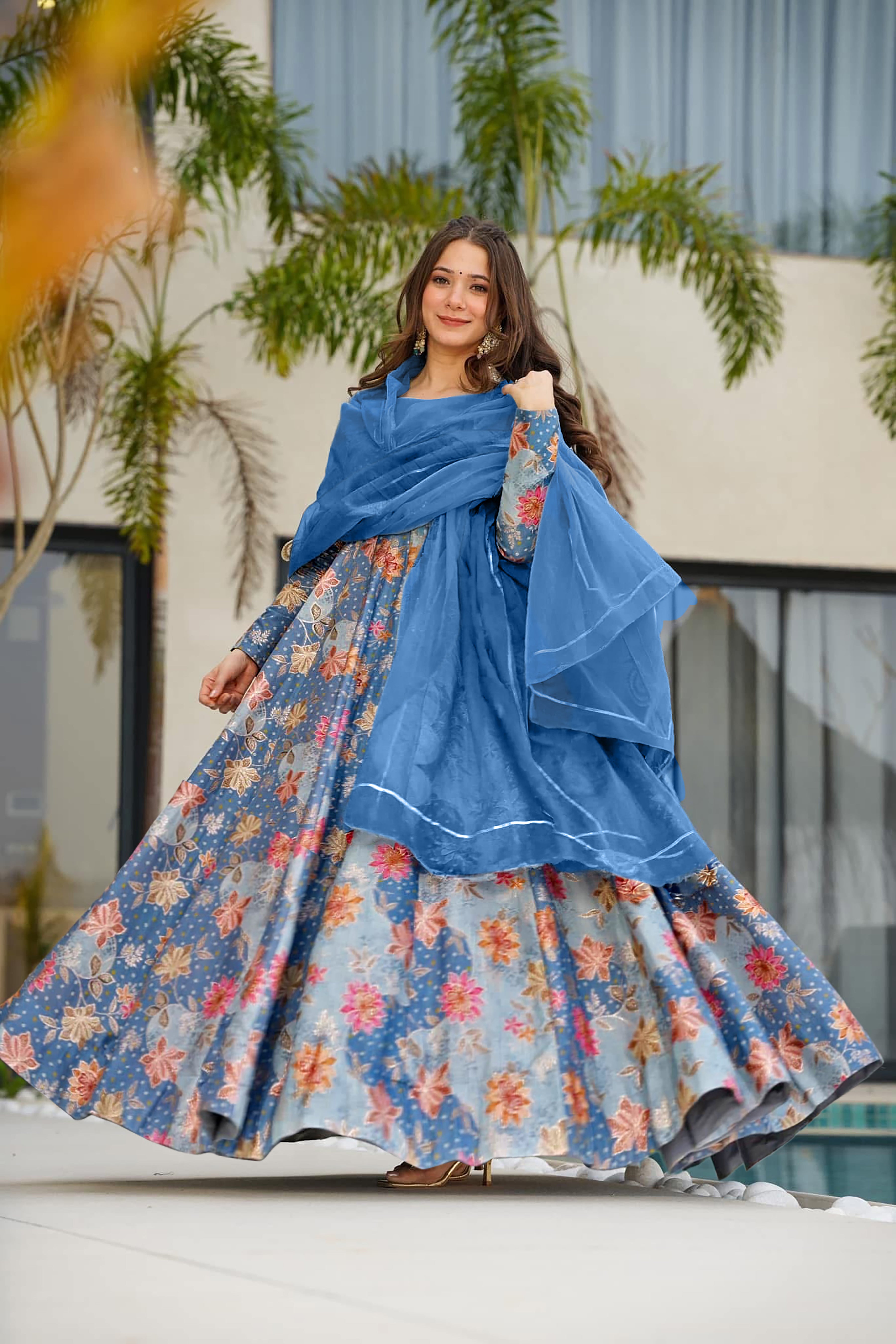 Women's blue Floral Printed Anarkali Gown Organza Dupatta | Festive Wear