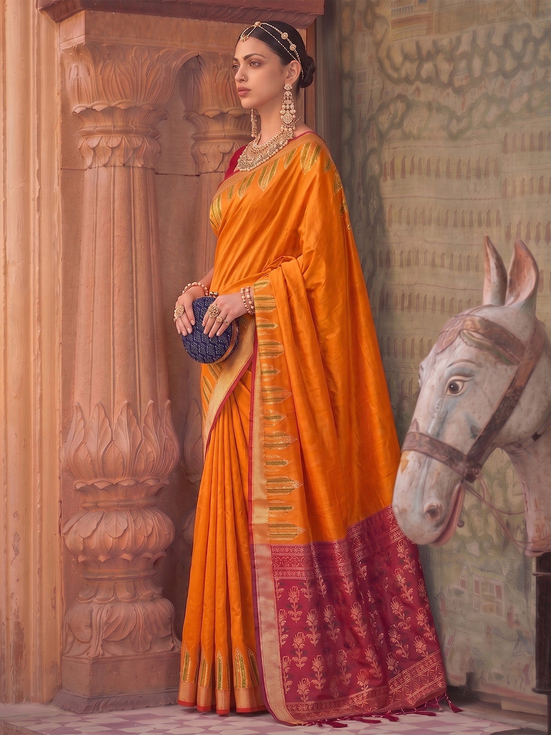 Orange Purple Silk Woven Designer Saree with Contrast Pallu