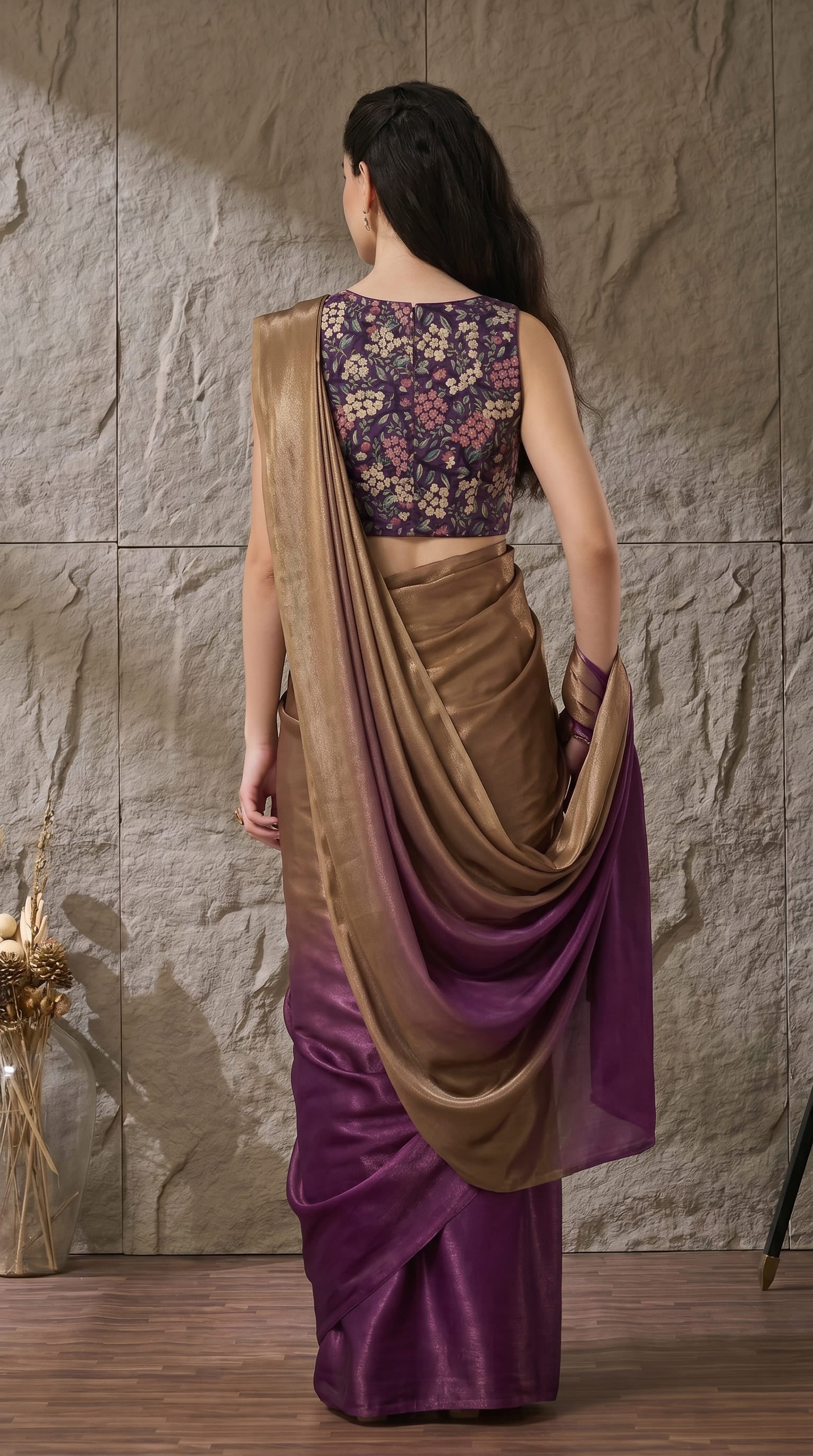 Purple Satin Draped Designer Saree
