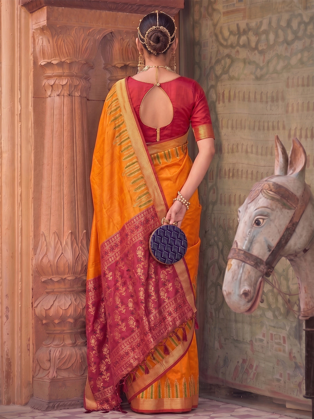 Orange Purple Silk Woven Designer Saree with Contrast Pallu