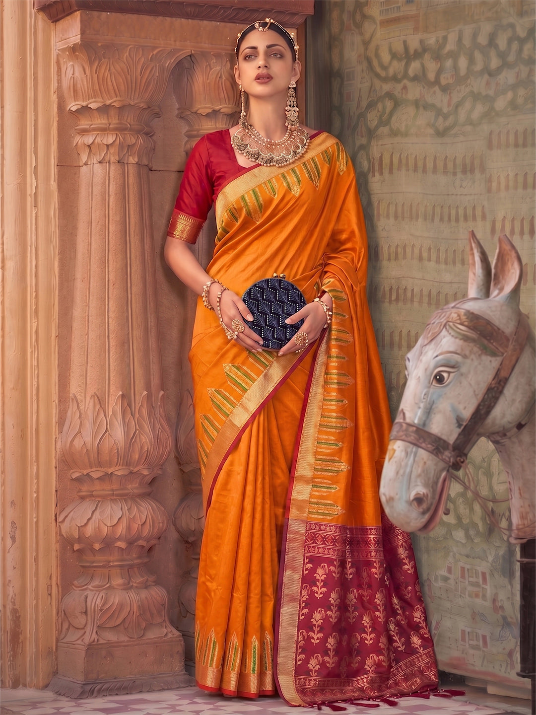 Orange Purple Silk Woven Designer Saree with Contrast Pallu
