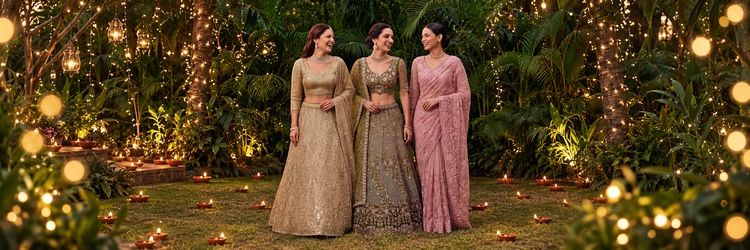 Three women in Ethnic Trendz golden and olive lehengas and a pink saree in a Diwali garden lit with diyas and fairy lights