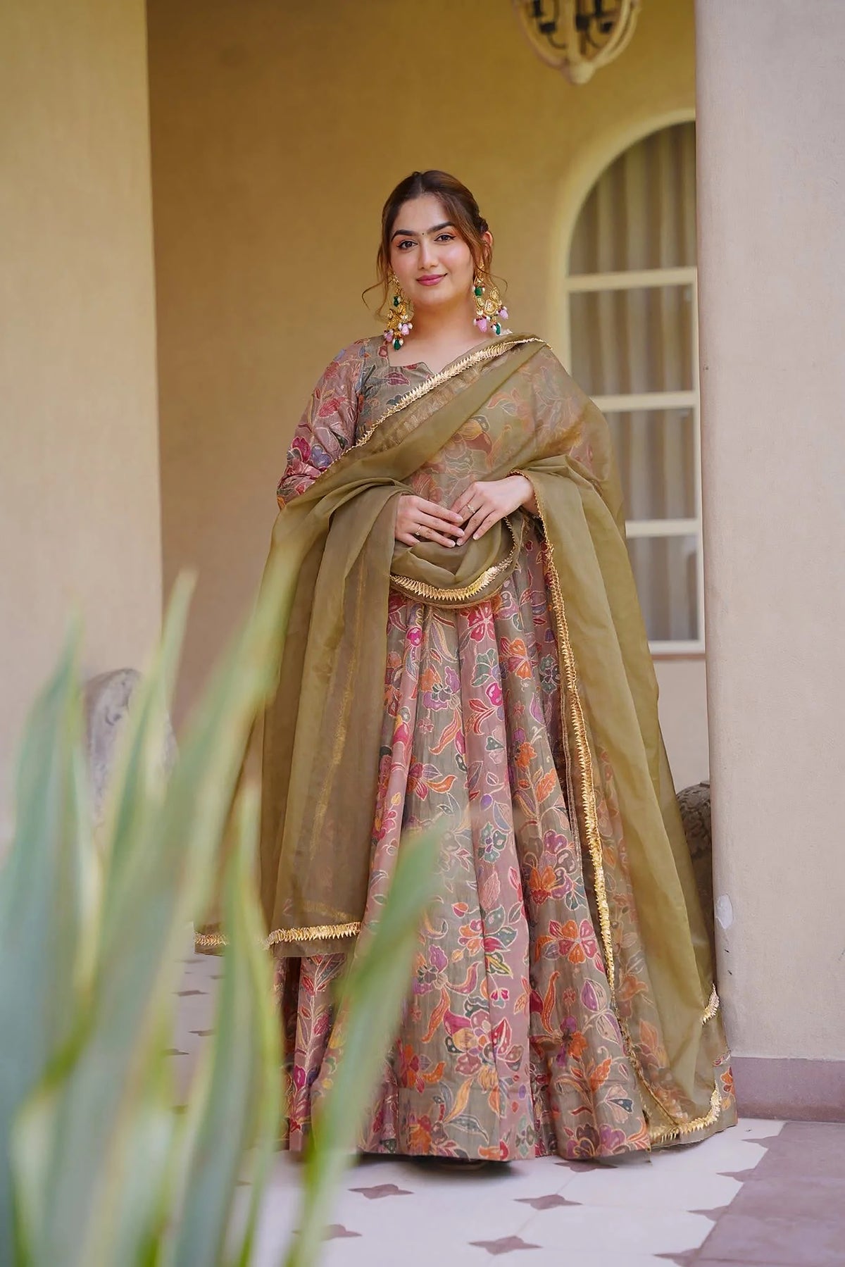 Women's Peach Floral Printed Anarkali Gown Organza Dupatta | Festive Wear