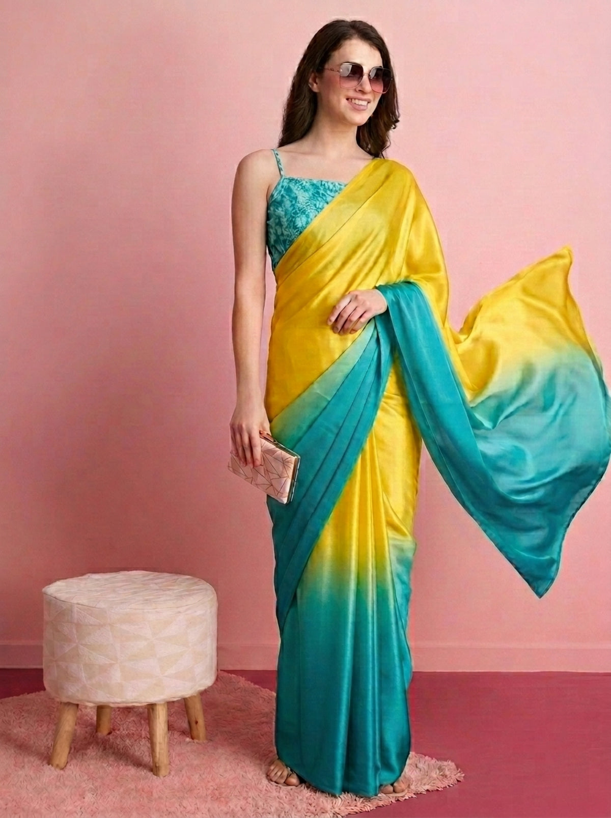 Premium Turquoise Satin Draped Designer Saree