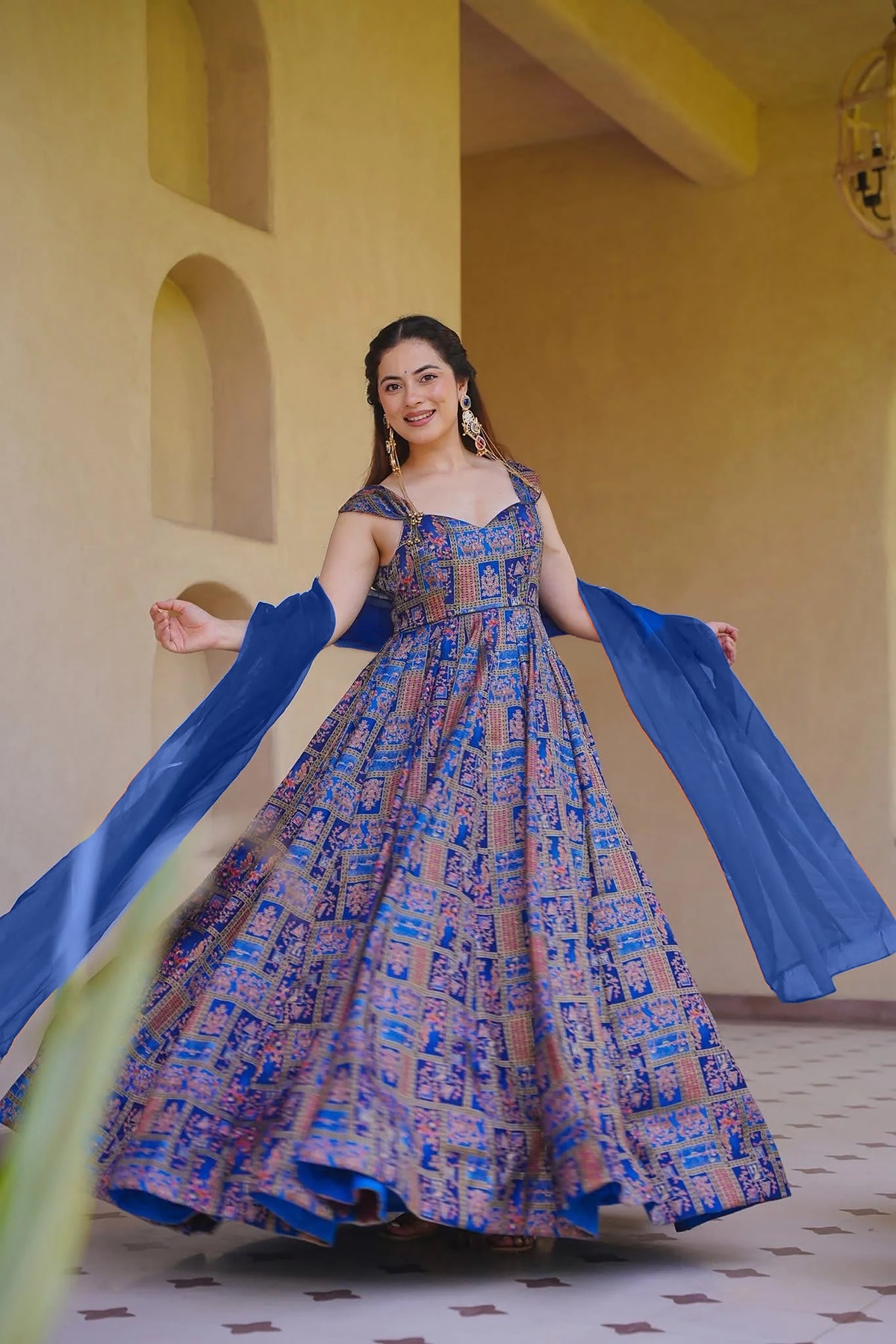 Women's blue Floral Printed Anarkali Gown Organza Dupatta | Festive Wear