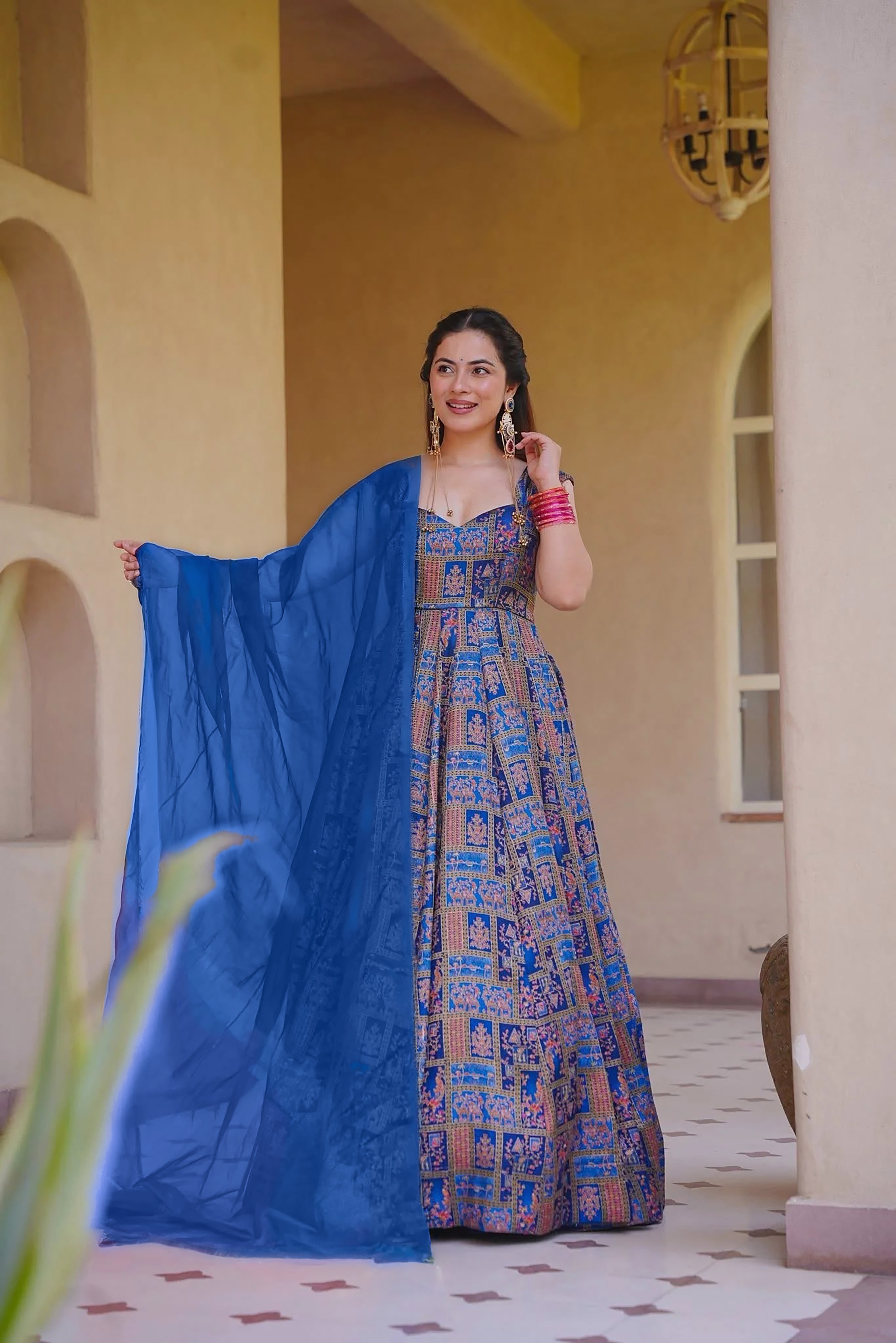 Women's blue Floral Printed Anarkali Gown Organza Dupatta | Festive Wear