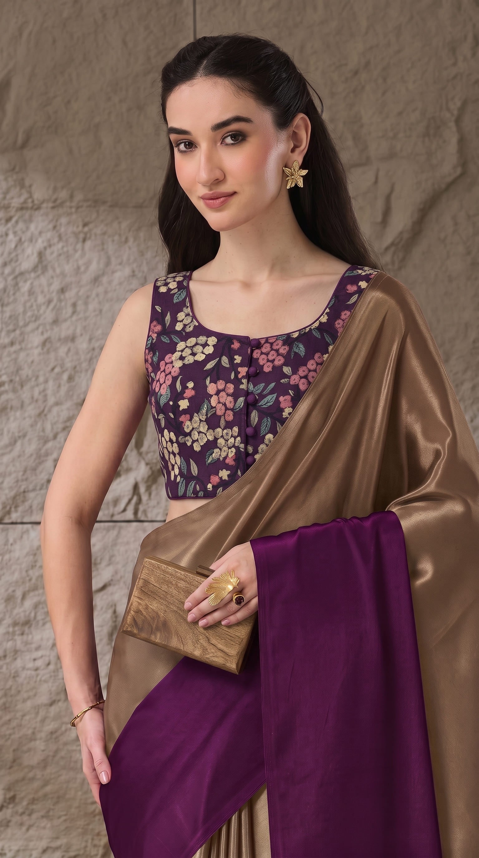 Purple Satin Draped Designer Saree
