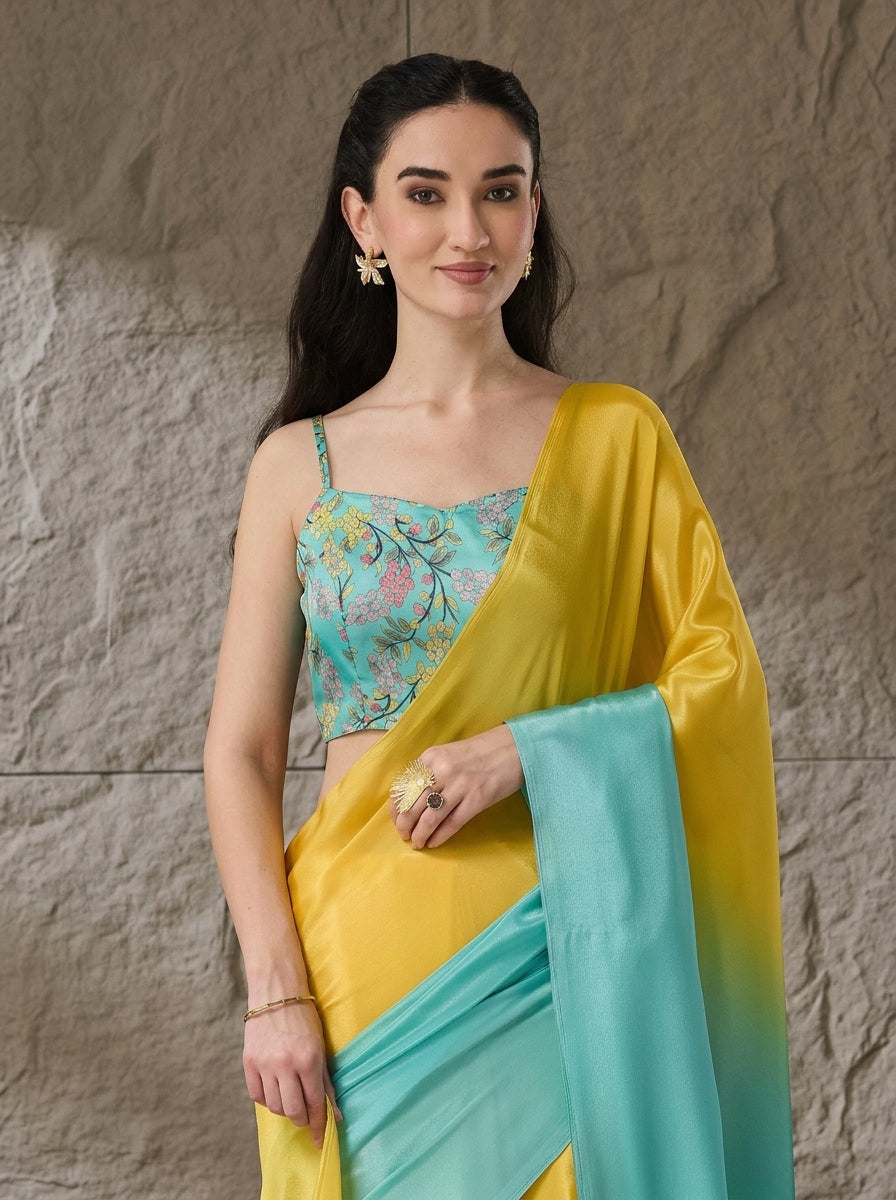 Turquoise Satin Draped Designer Saree