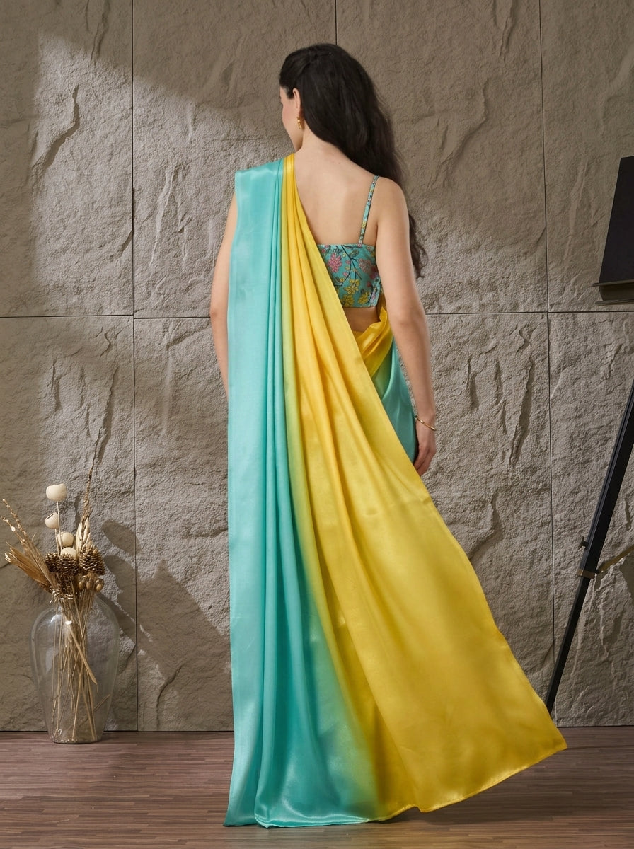 Turquoise Satin Draped Designer Saree