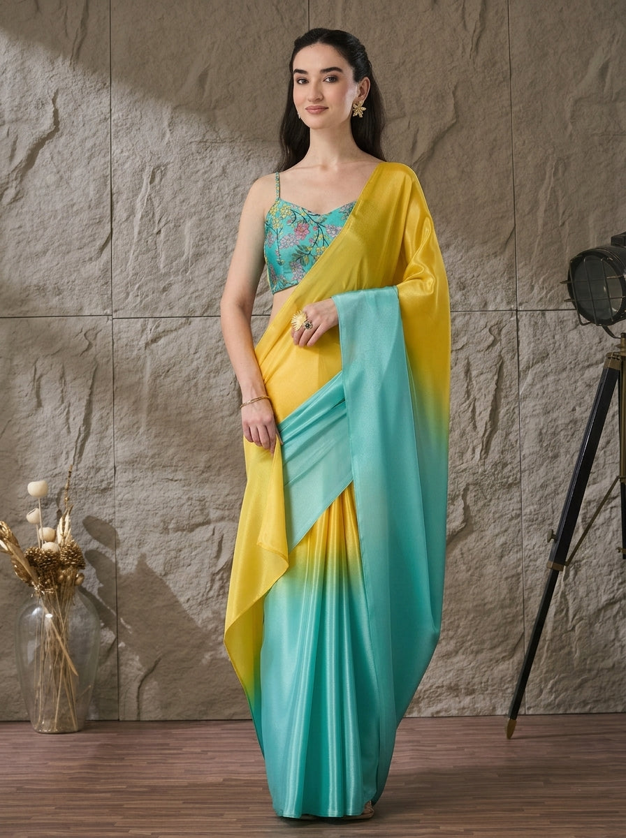 Turquoise Satin Draped Designer Saree