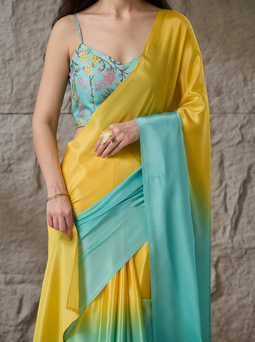 Turquoise Satin Draped Designer Saree