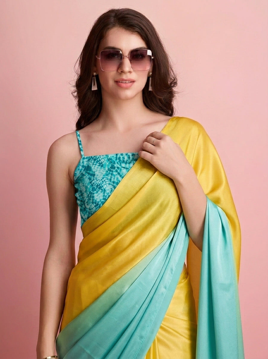 Turquoise Satin Draped Designer Saree