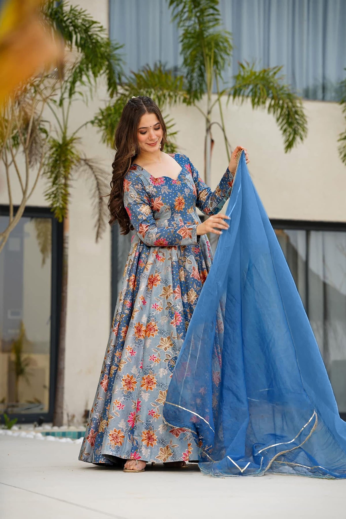 Women's blue Floral Printed Anarkali Gown Organza Dupatta | Festive Wear