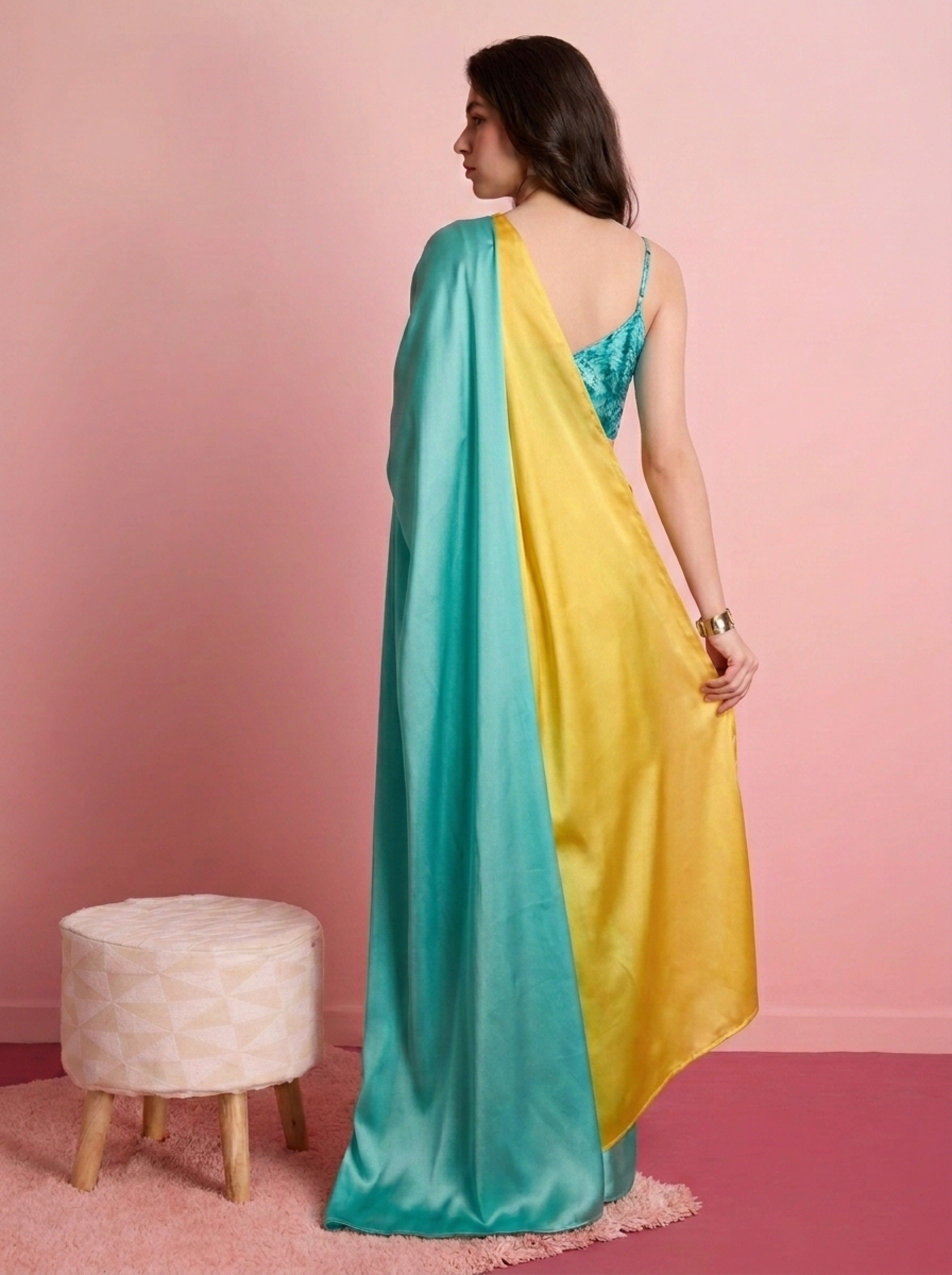 Premium Turquoise Satin Draped Designer Saree