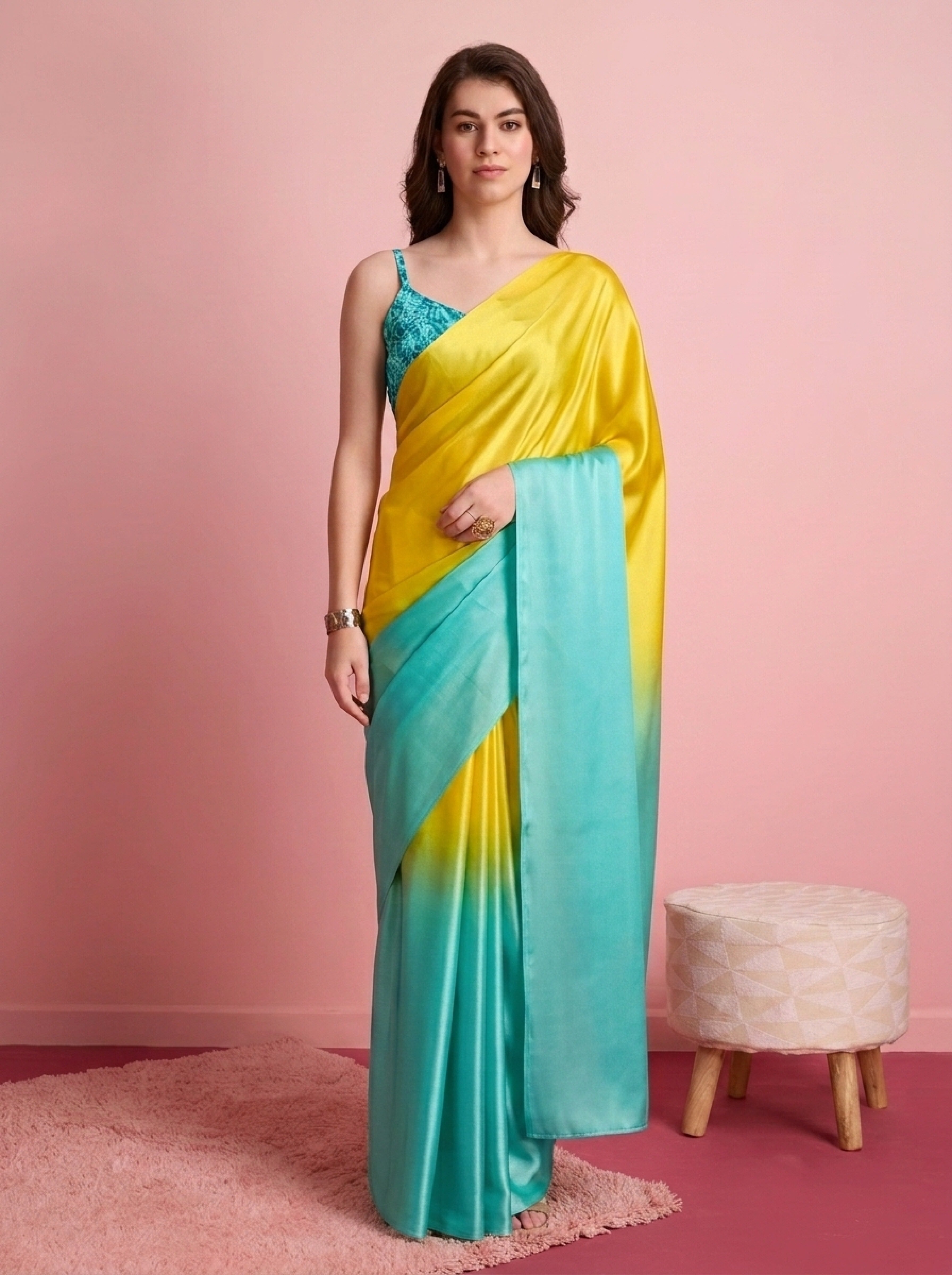 Premium Turquoise Satin Draped Designer Saree