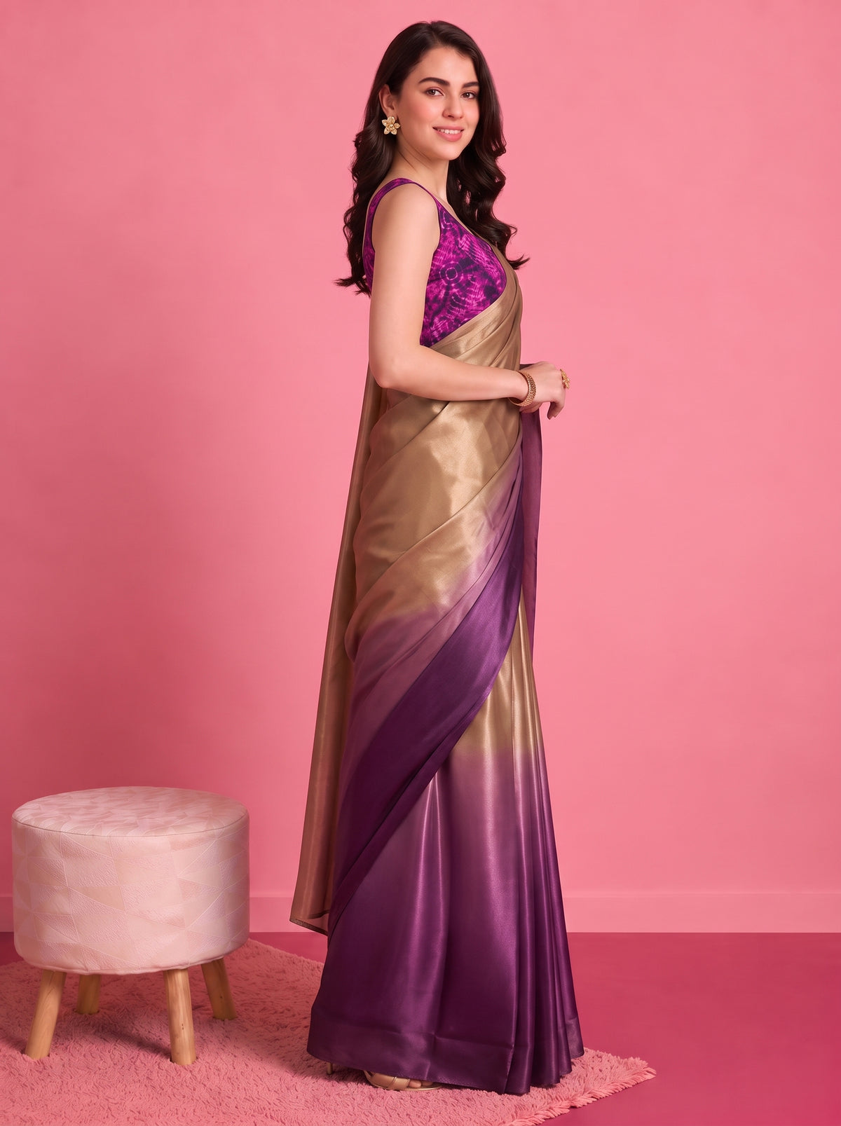 Premium Purple Satin Draped Designer Saree