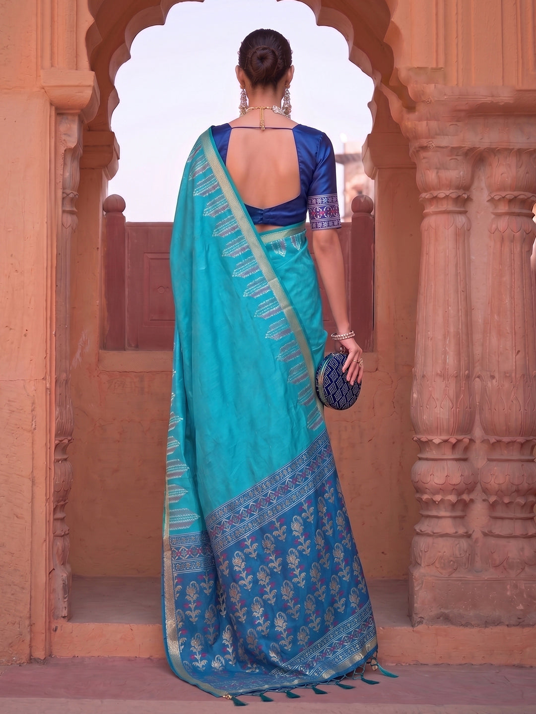 Blue Silk Woven Designer Saree with Contrast Pallu