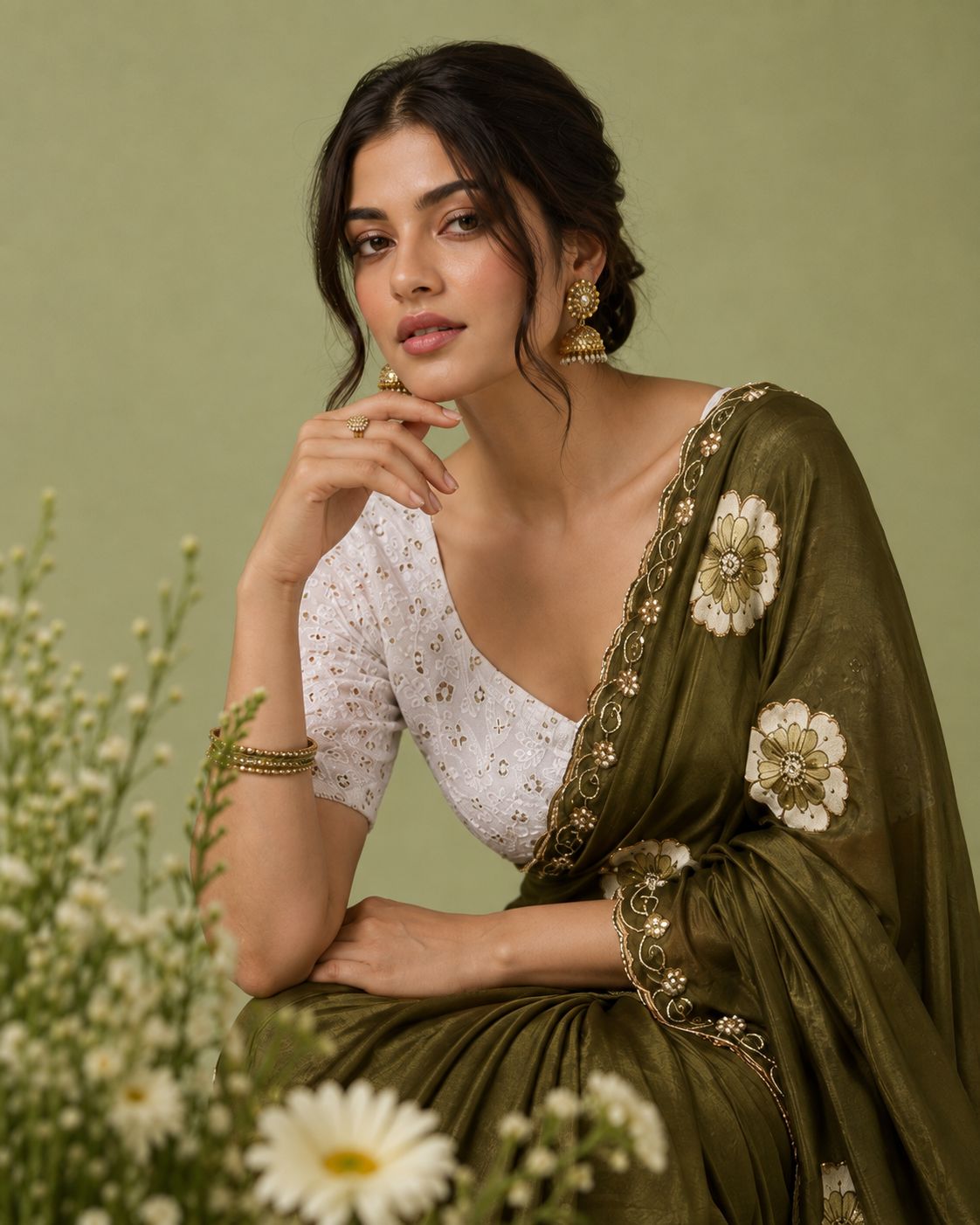 Mahendi Floral Printed Chiffon Saree