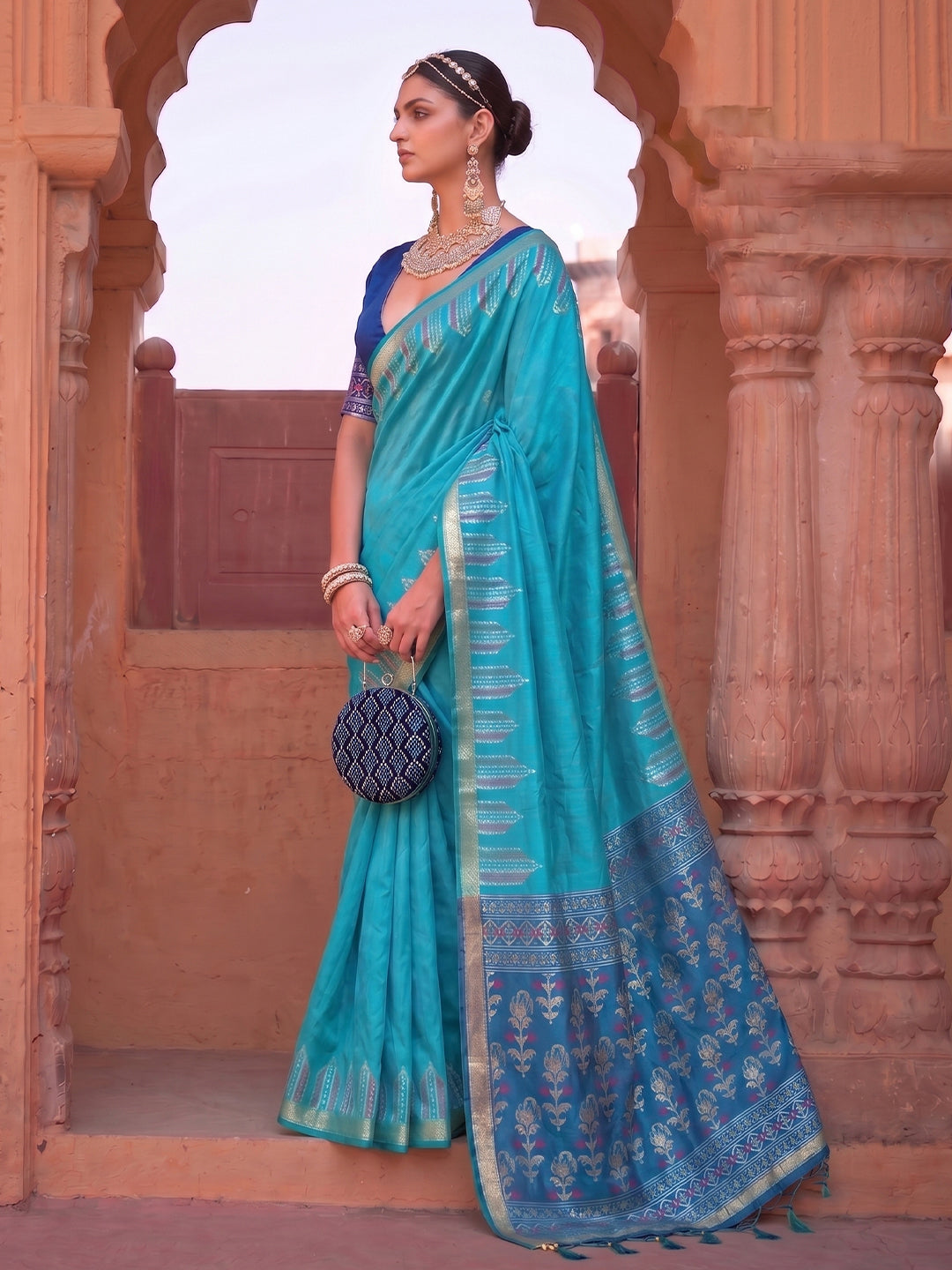 Blue Silk Woven Designer Saree with Contrast Pallu