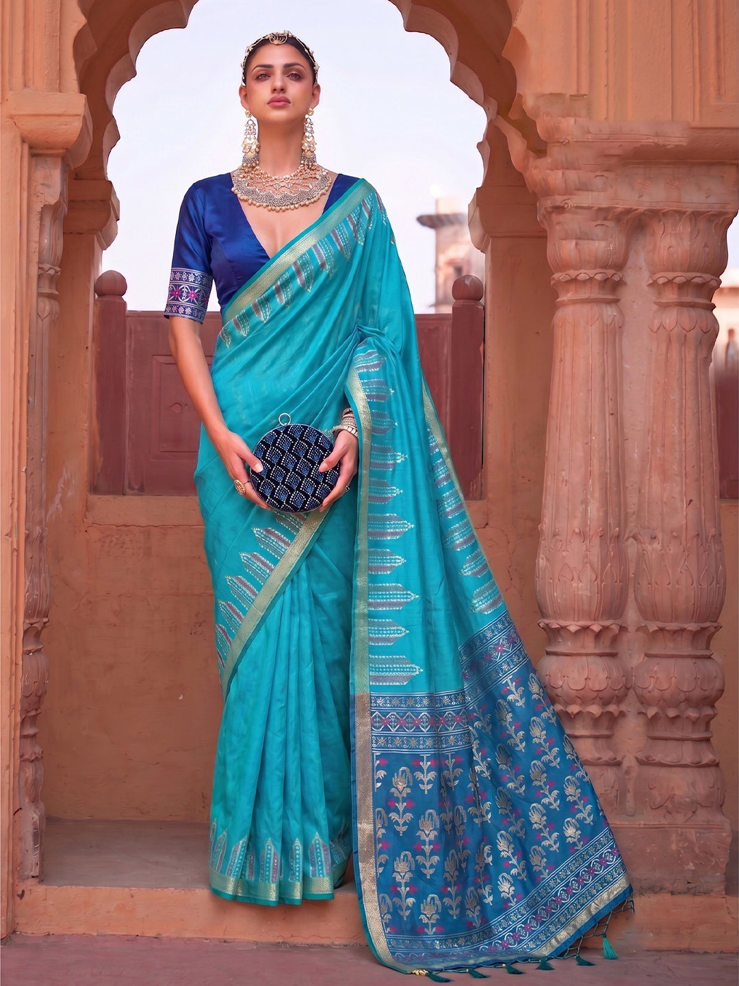 Blue Silk Woven Designer Saree with Contrast Pallu