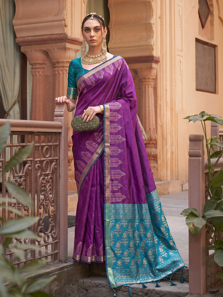 Purple Silk Woven Designer Saree with Contrast Pallu