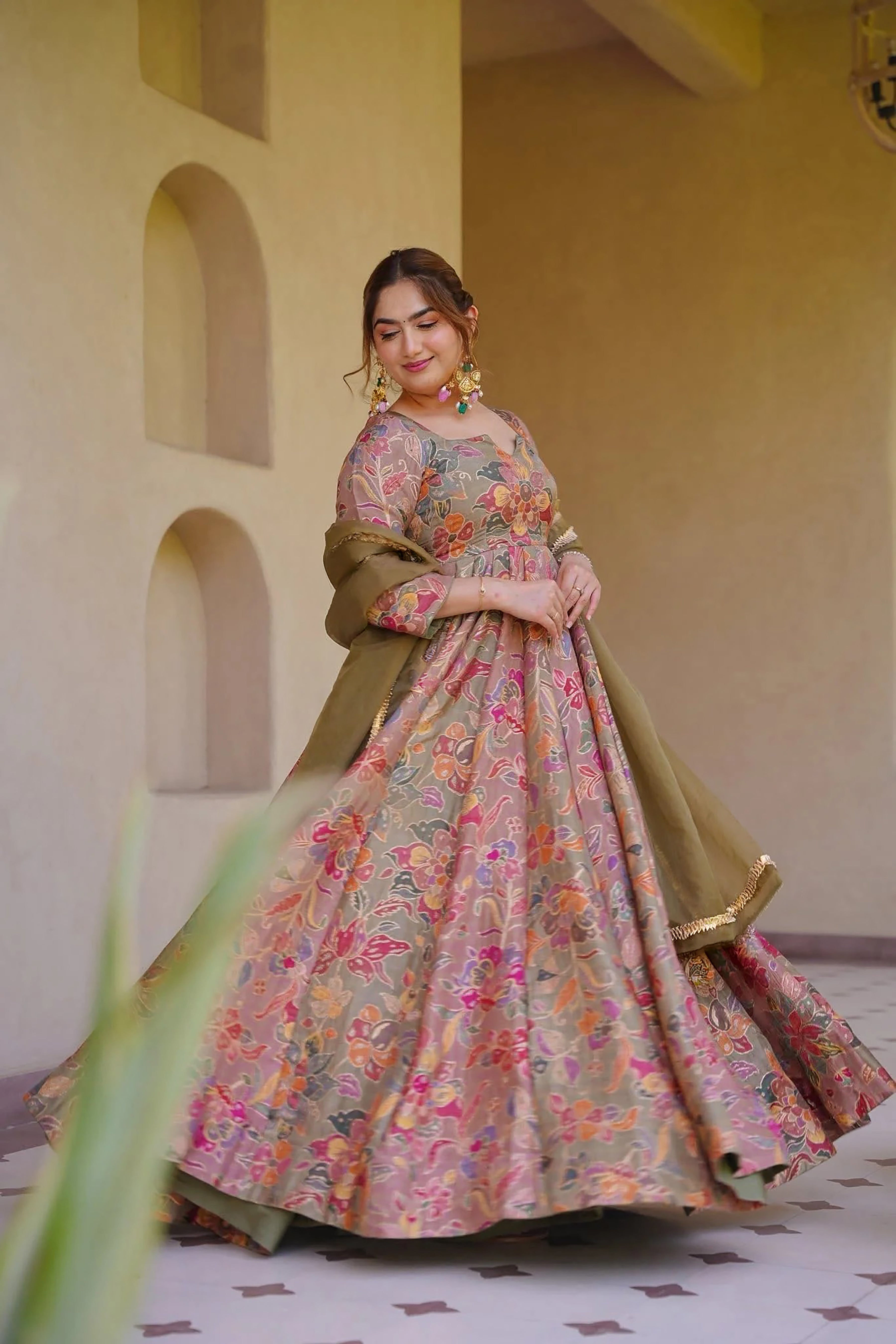 Women's Peach Floral Printed Anarkali Gown Organza Dupatta | Festive Wear