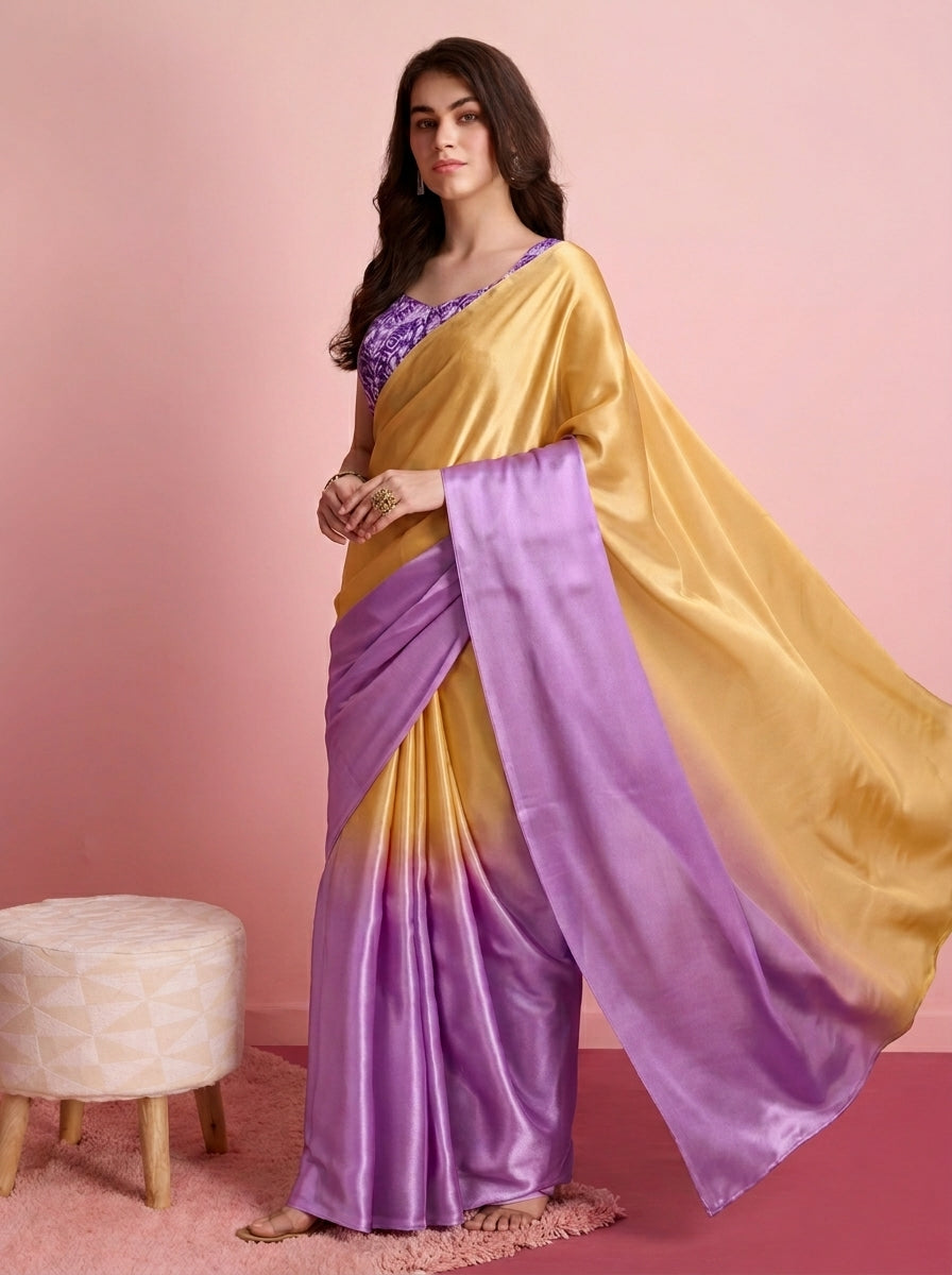 Premium Lavender Satin Draped Designer Saree