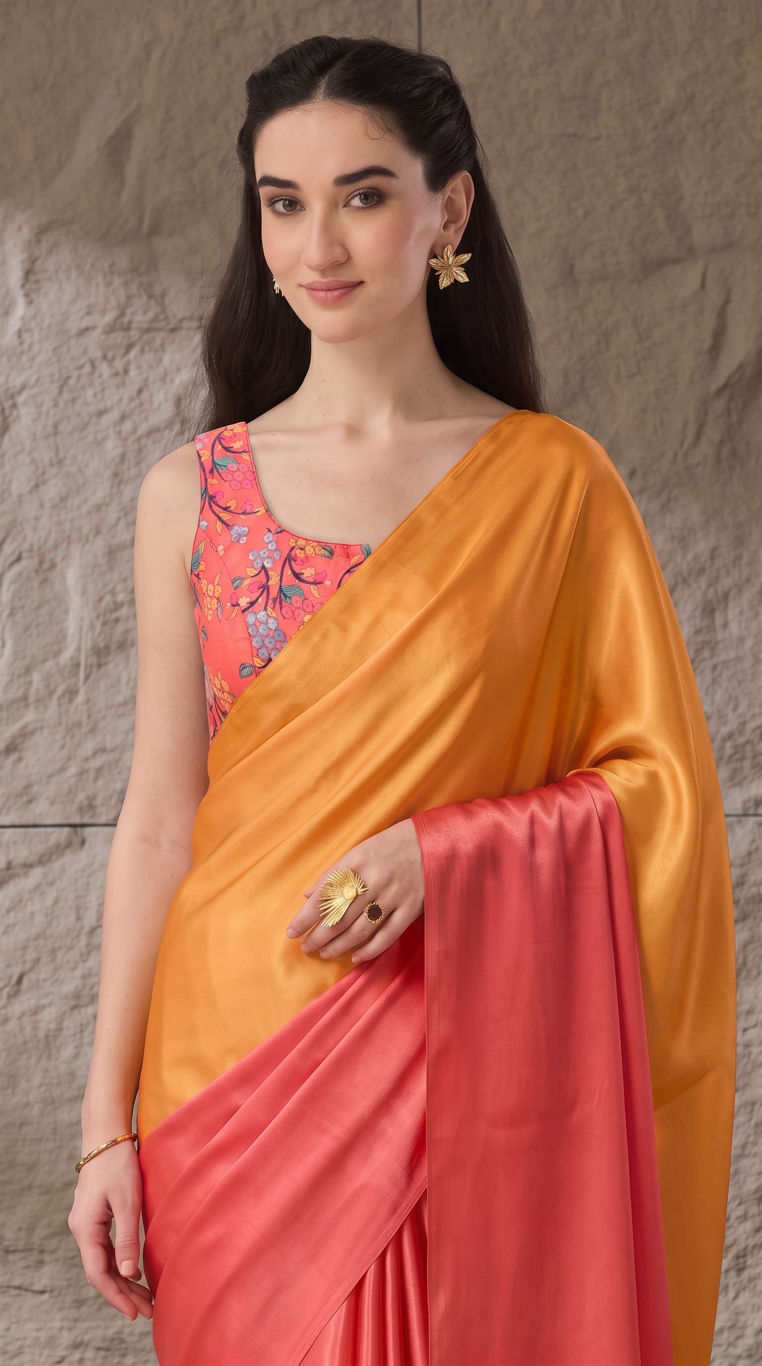 Premium Orange Satin Draped Designer Saree