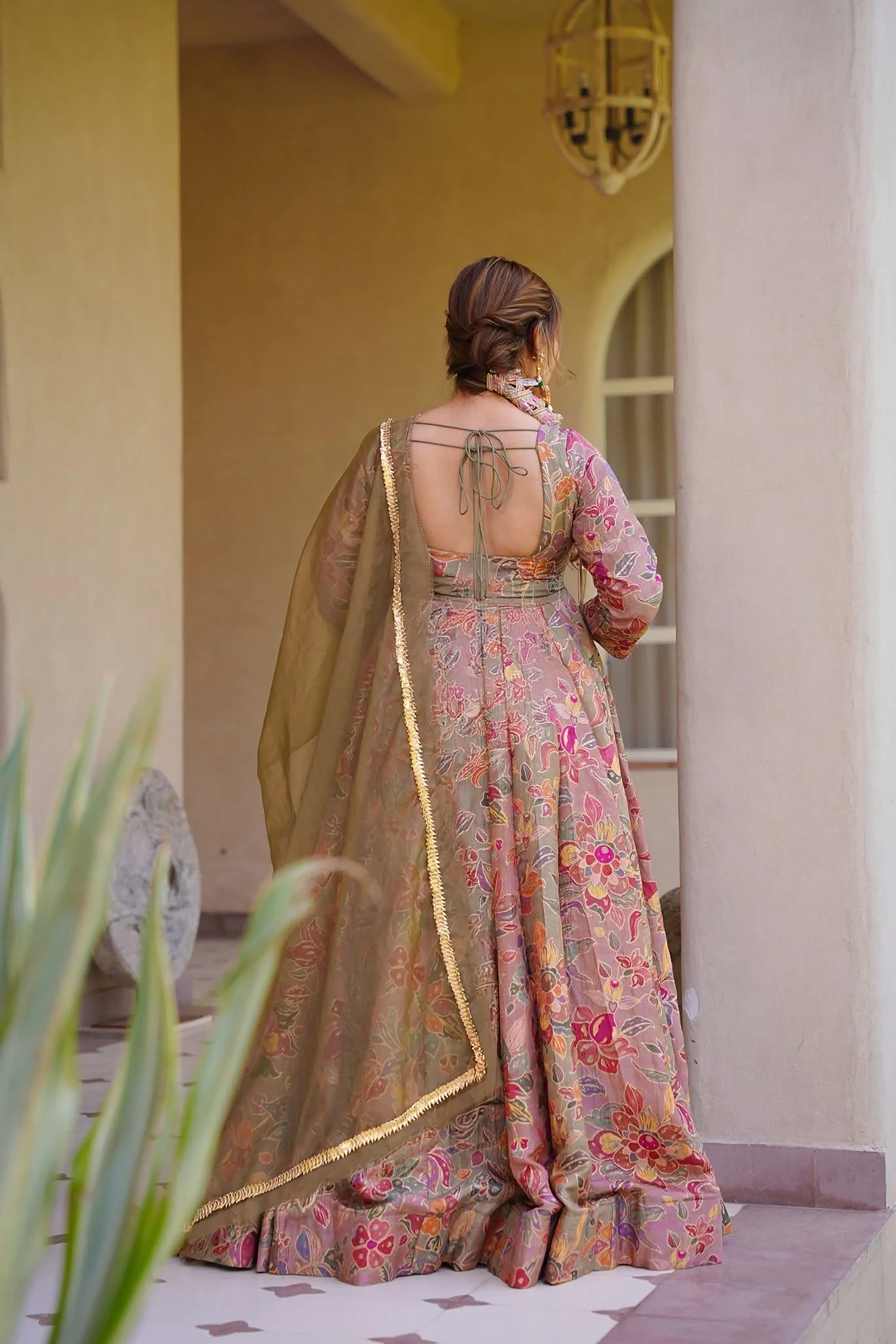Women's Peach Floral Printed Anarkali Gown Organza Dupatta | Festive Wear