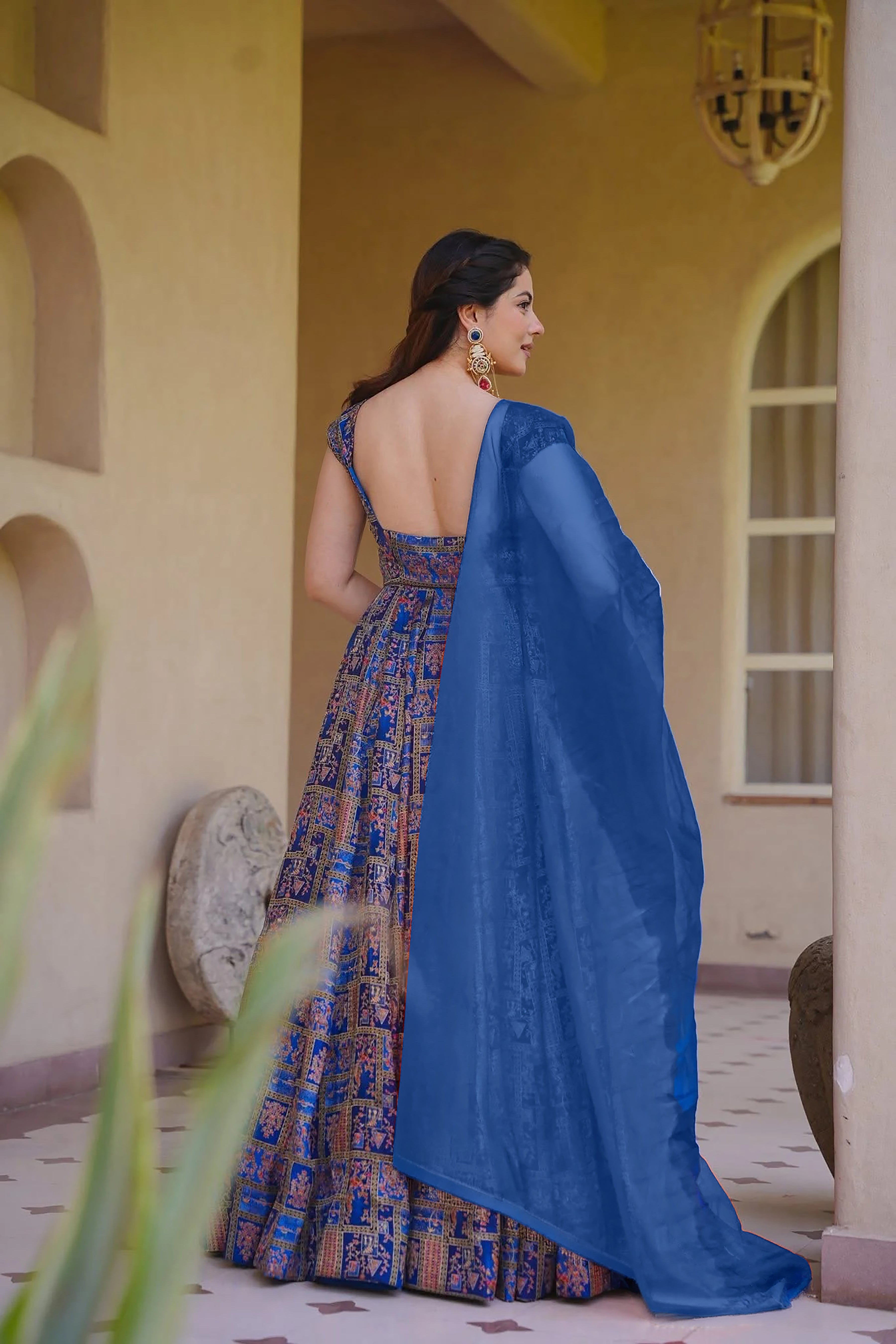 Women's blue Floral Printed Anarkali Gown Organza Dupatta | Festive Wear