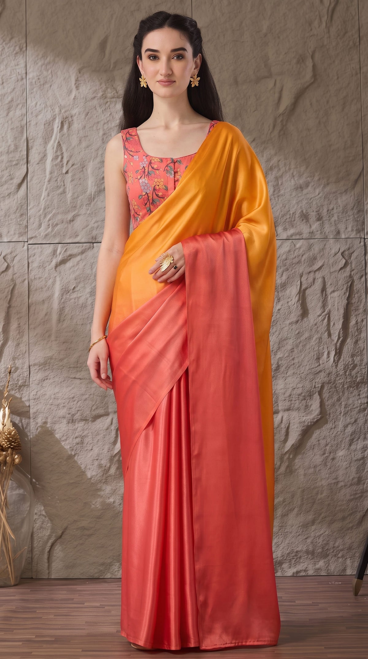 Premium Orange Satin Draped Designer Saree