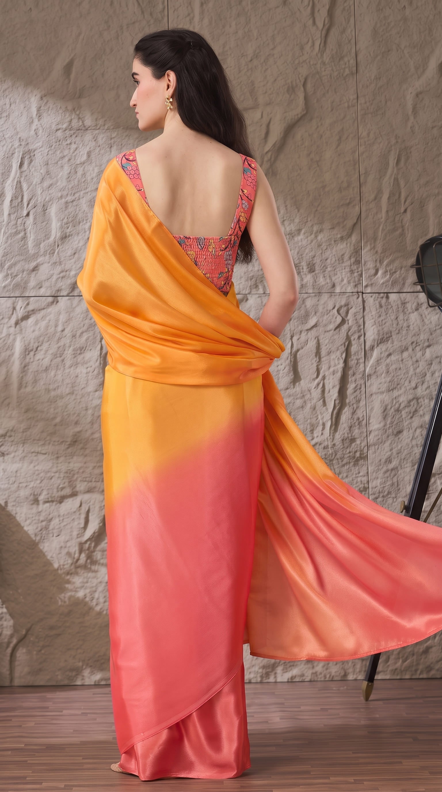 Premium Orange Satin Draped Designer Saree