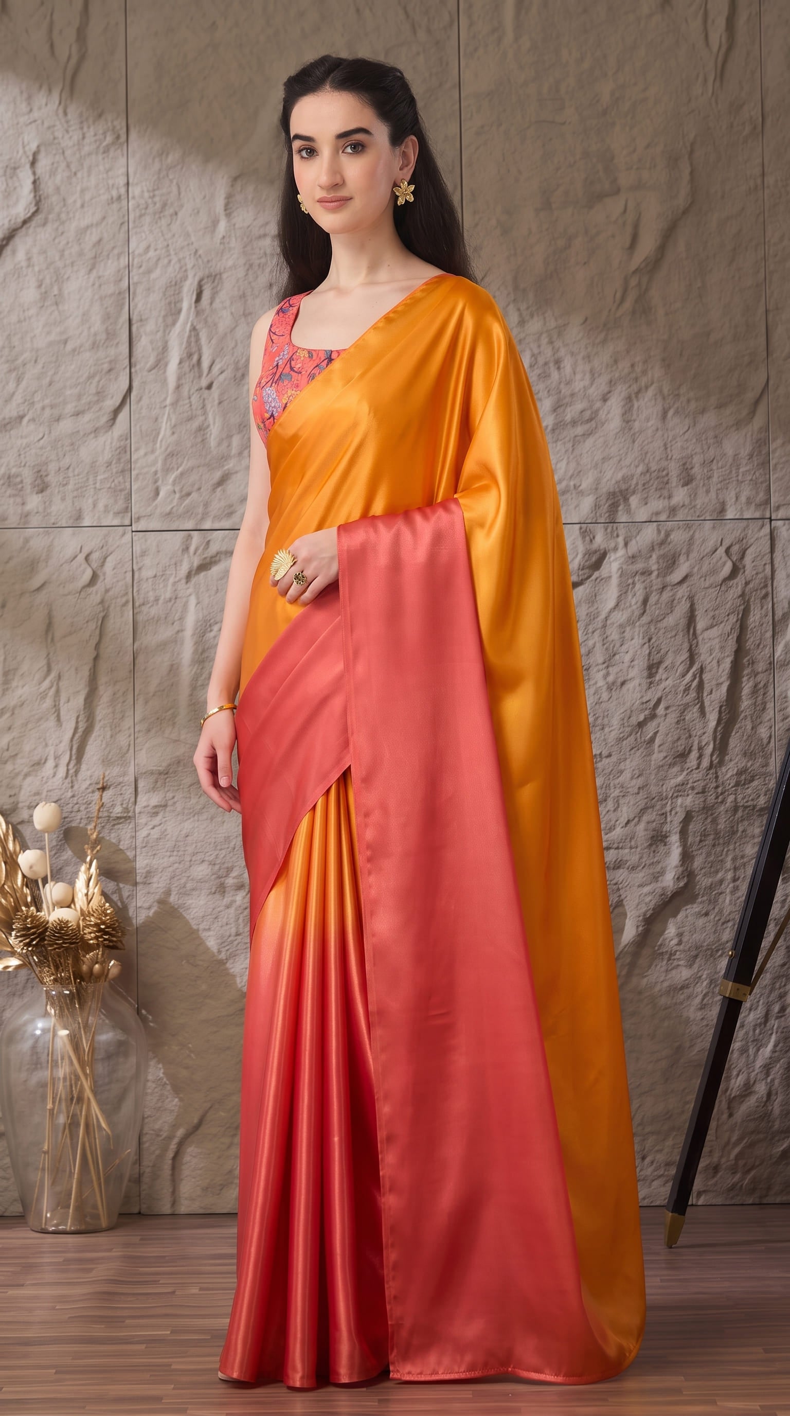 Premium Orange Satin Draped Designer Saree